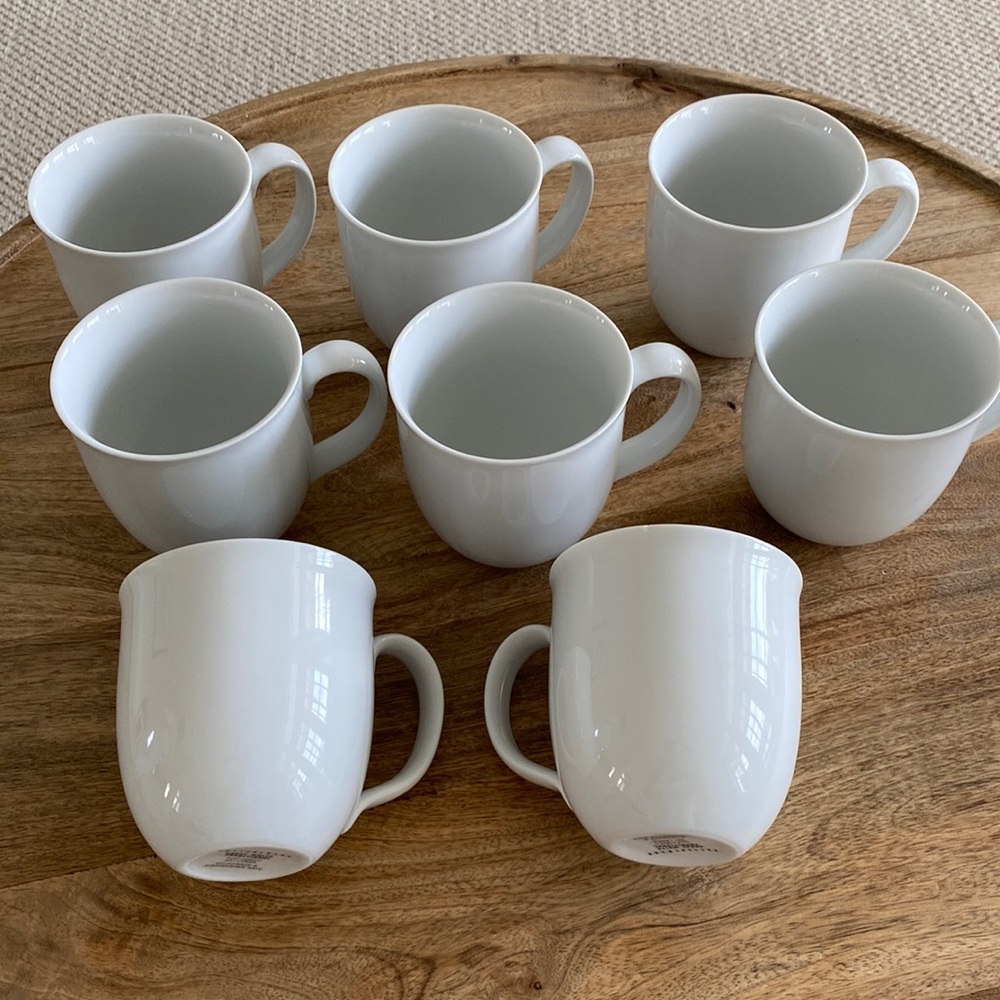 Set of 8 white Pottery Barn coffee cups.